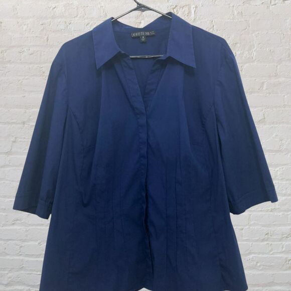 Lafayette 148 New York Blouse 20 Pintuck 3/4 Sleeve Button Down Navy Blue - Picture 4 of 14